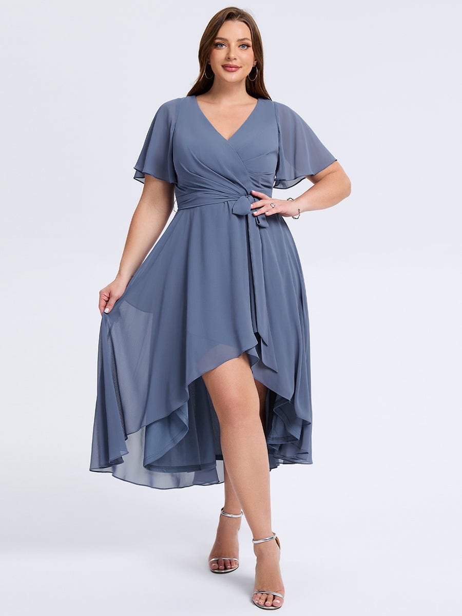 Plus Size Tie Knot High-Low Wedding Guest Dress #color_Dusty Blue