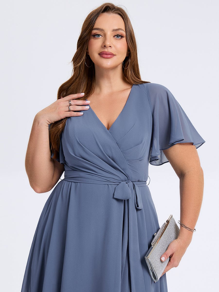 Plus Size Tie Knot High-Low Wedding Guest Dress #color_Dusty Blue