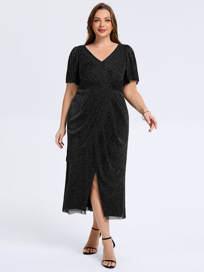 Plus Size Slit Mesh Wedding Guest Dress #color_Black