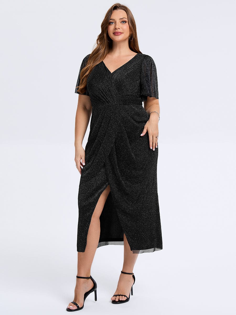 Plus Size Slit Mesh Wedding Guest Dress #color_Black