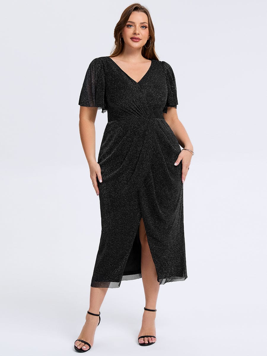 Plus Size Slit Mesh Wedding Guest Dress #color_Black