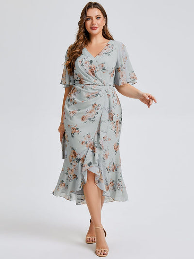 Plus Size Floral Chiffon Wedding Guest Dress #color_Amber Bloom