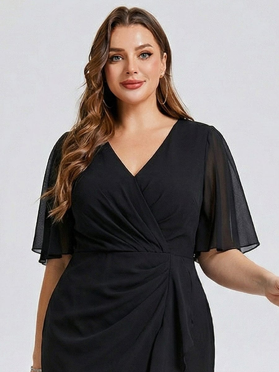 Plus Size Floral Chiffon Wedding Guest Dress #color_Black