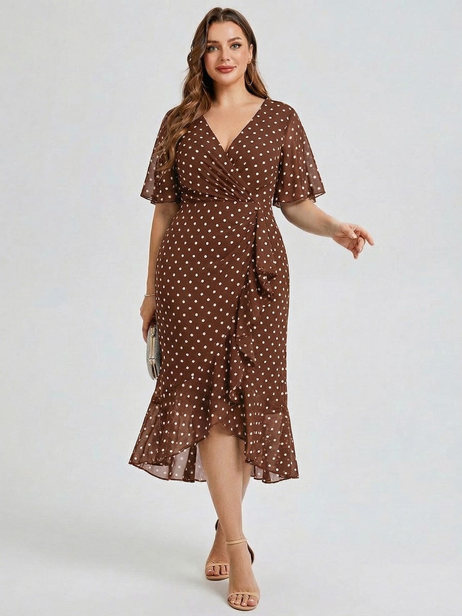 Plus Size Floral Chiffon Wedding Guest Dress #color_Brown Polka Dots