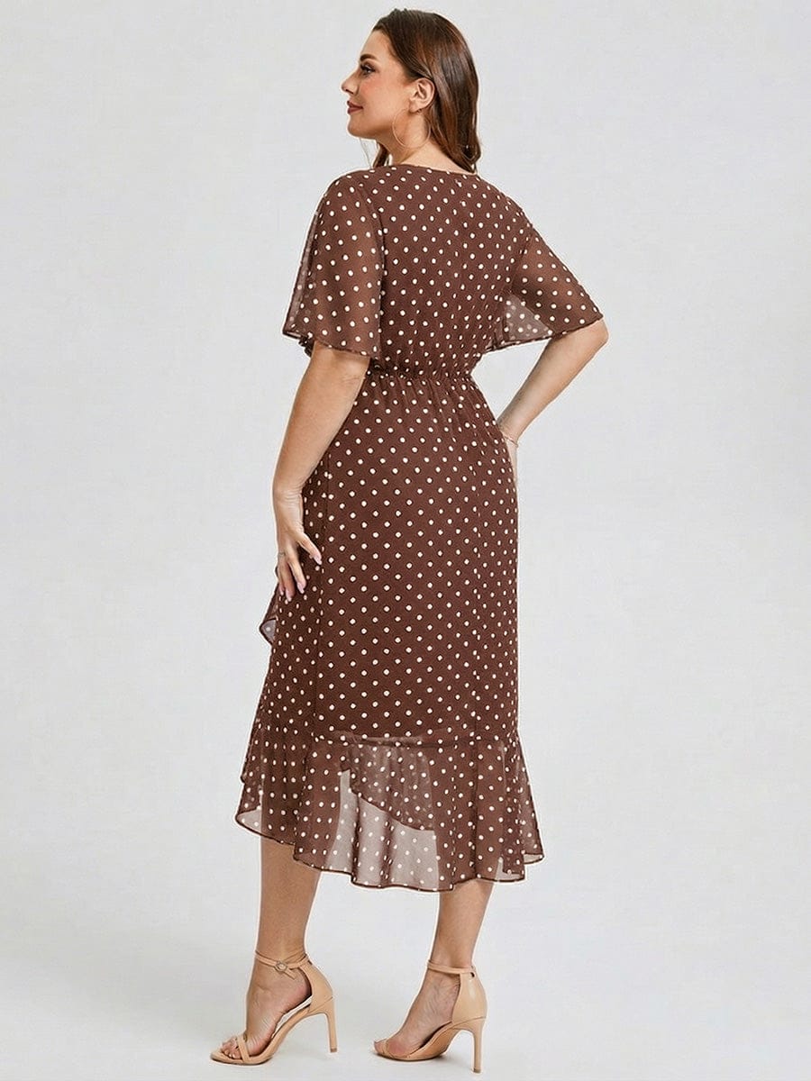 Plus Size Floral Chiffon Wedding Guest Dress #color_Brown Polka Dots