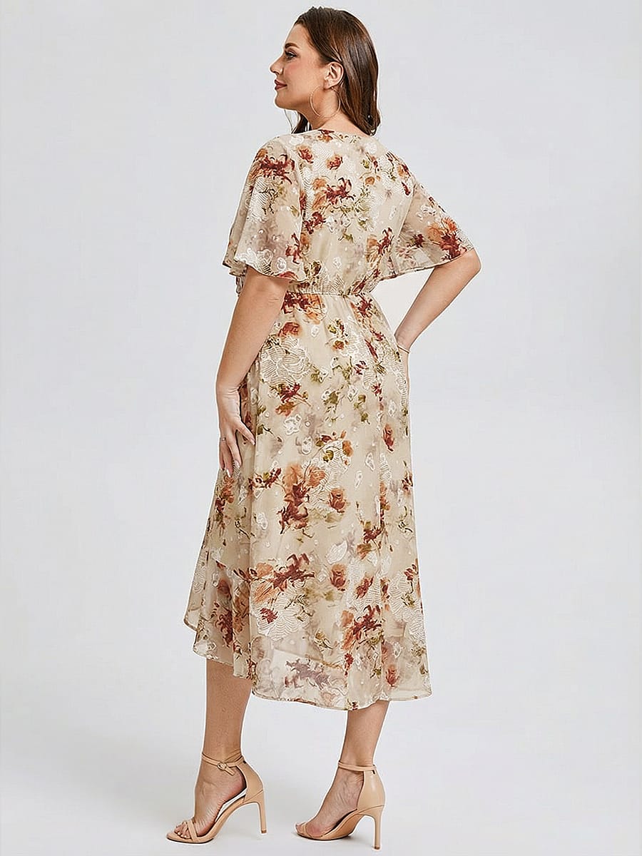 Plus Size Floral Chiffon Wedding Guest Dress #color_Champagne Print