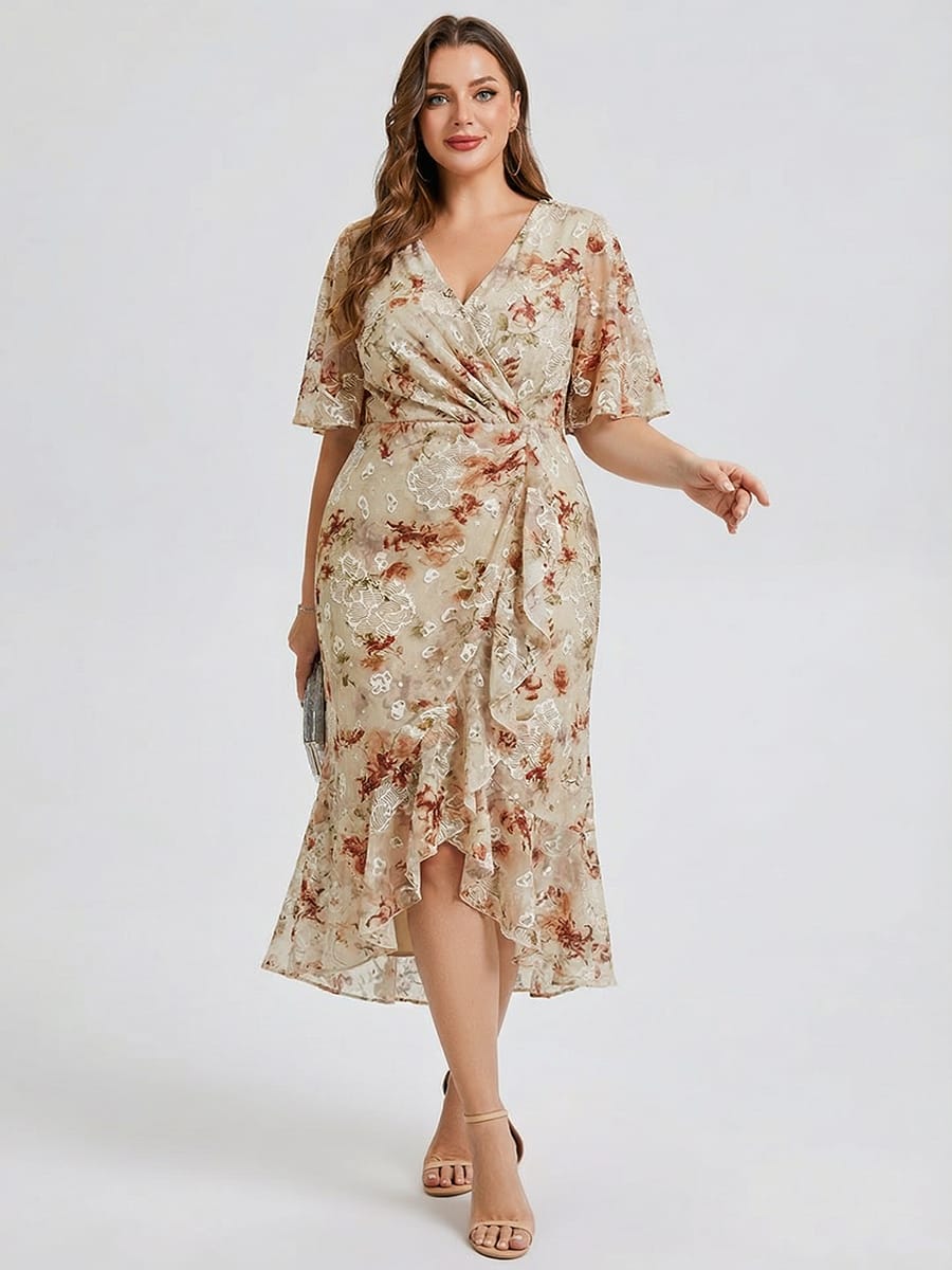 Plus Size Floral Chiffon Wedding Guest Dress #color_Champagne Print