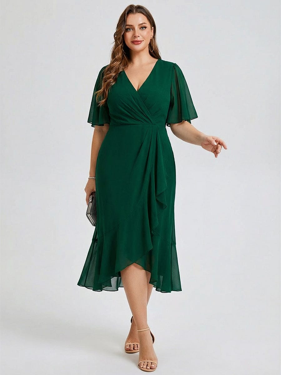 Plus Size Floral Chiffon Wedding Guest Dress #color_Dark Green