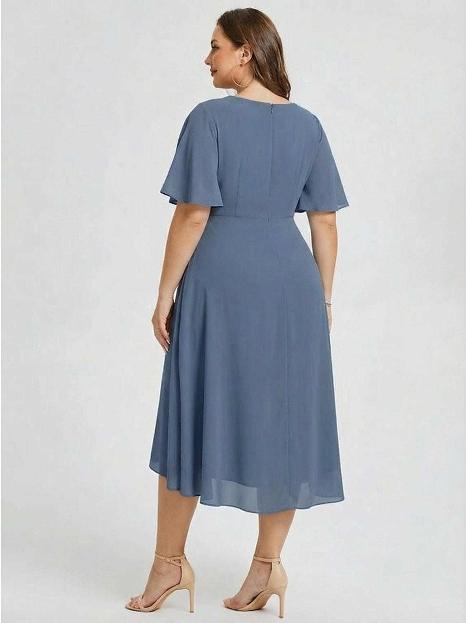 Plus Size Floral Chiffon Wedding Guest Dress #color_Dusty Blue