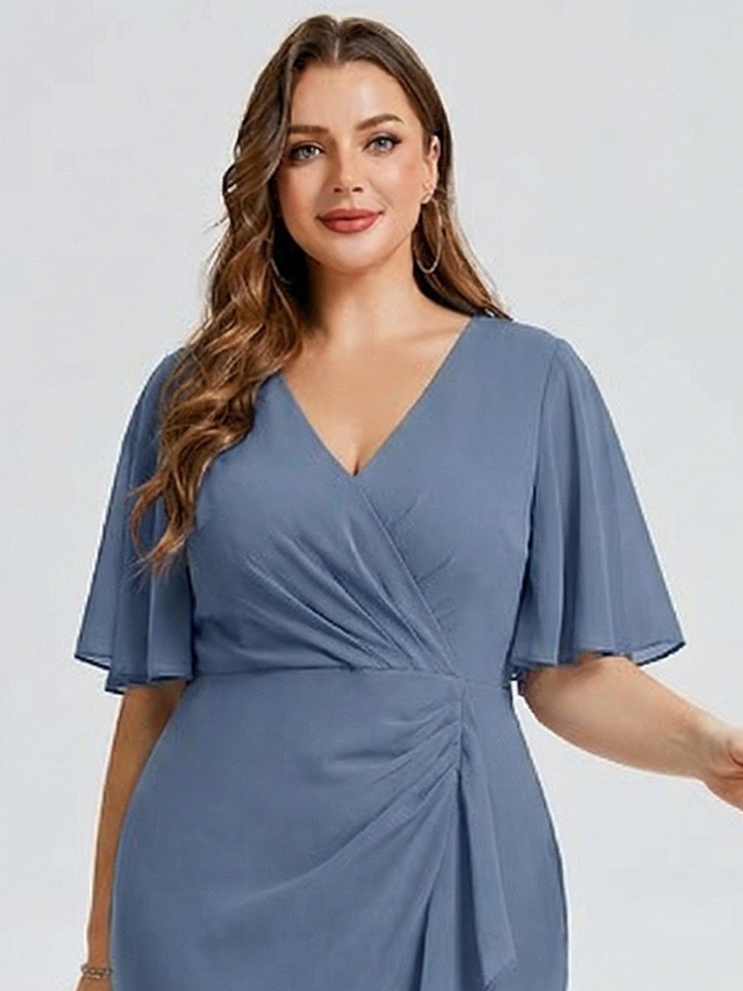 Plus Size Floral Chiffon Wedding Guest Dress #color_Dusty Blue
