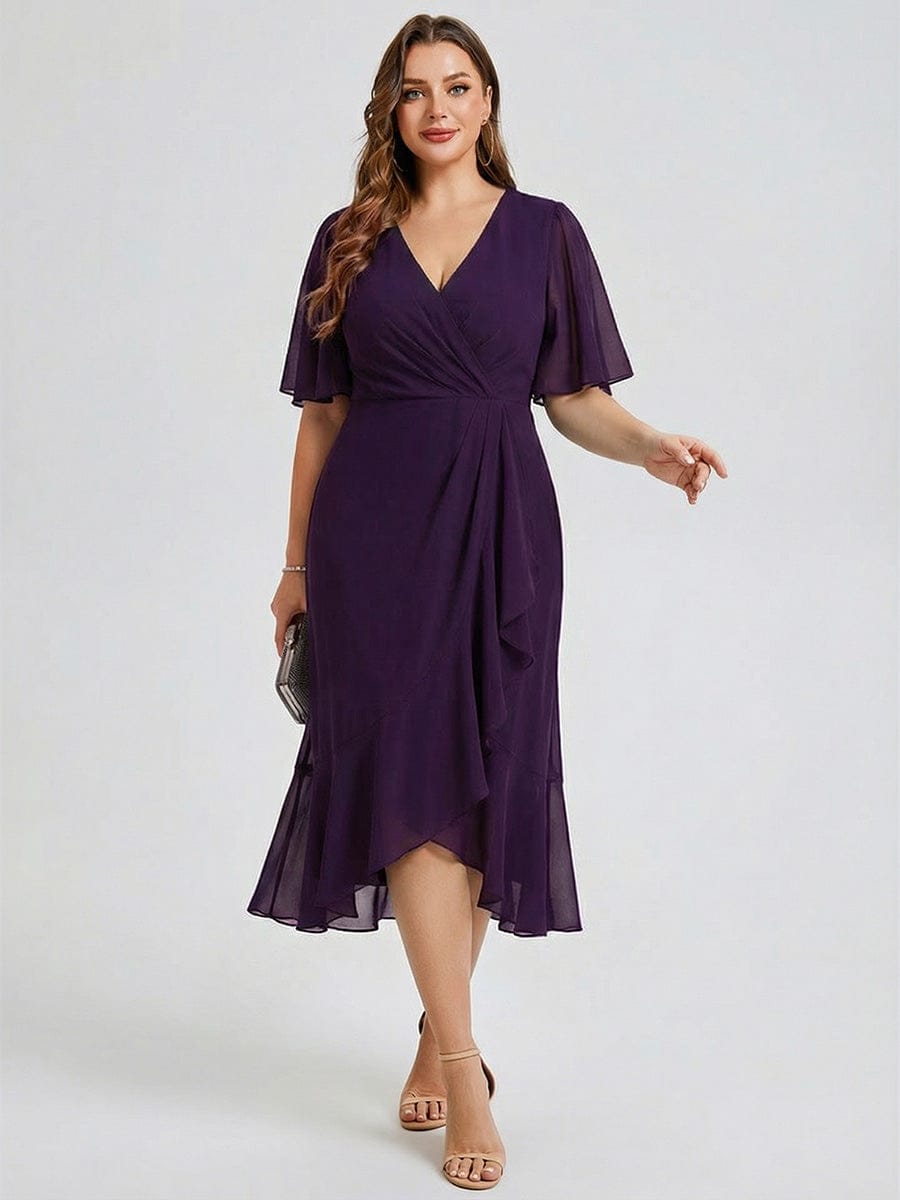 Plus Size Floral Chiffon Wedding Guest Dress #color_Dark Purple