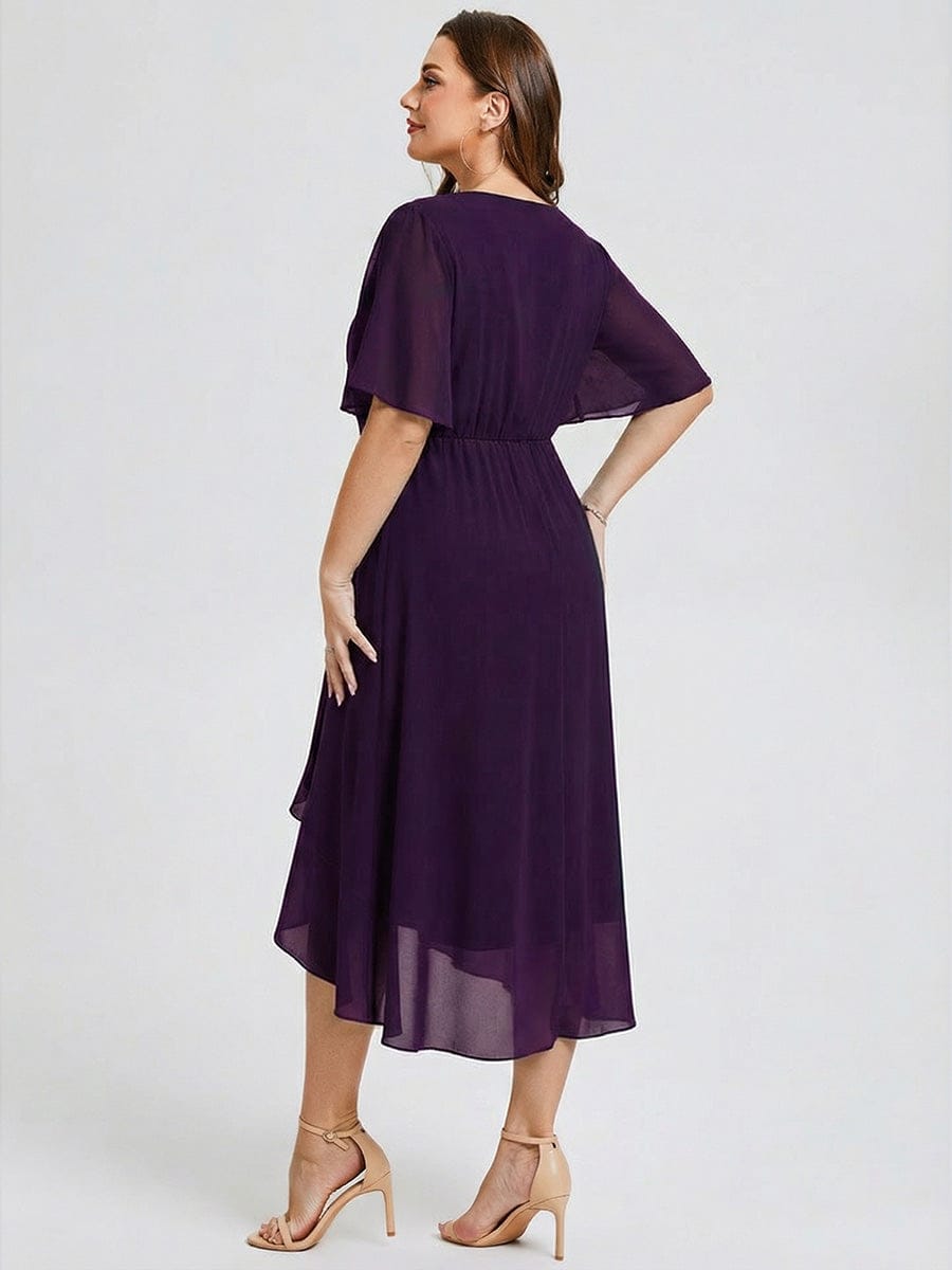 Plus Size Floral Chiffon Wedding Guest Dress #color_Dark Purple