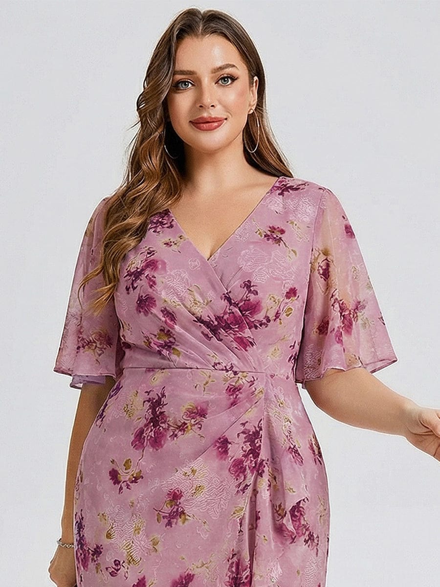 Plus Size Floral Chiffon Wedding Guest Dress #color_Light Purple Print