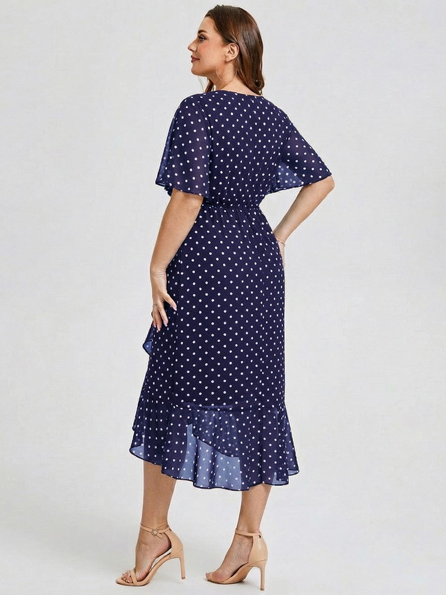 Plus Size Floral Chiffon Wedding Guest Dress #color_Navy Blue Polka Dots