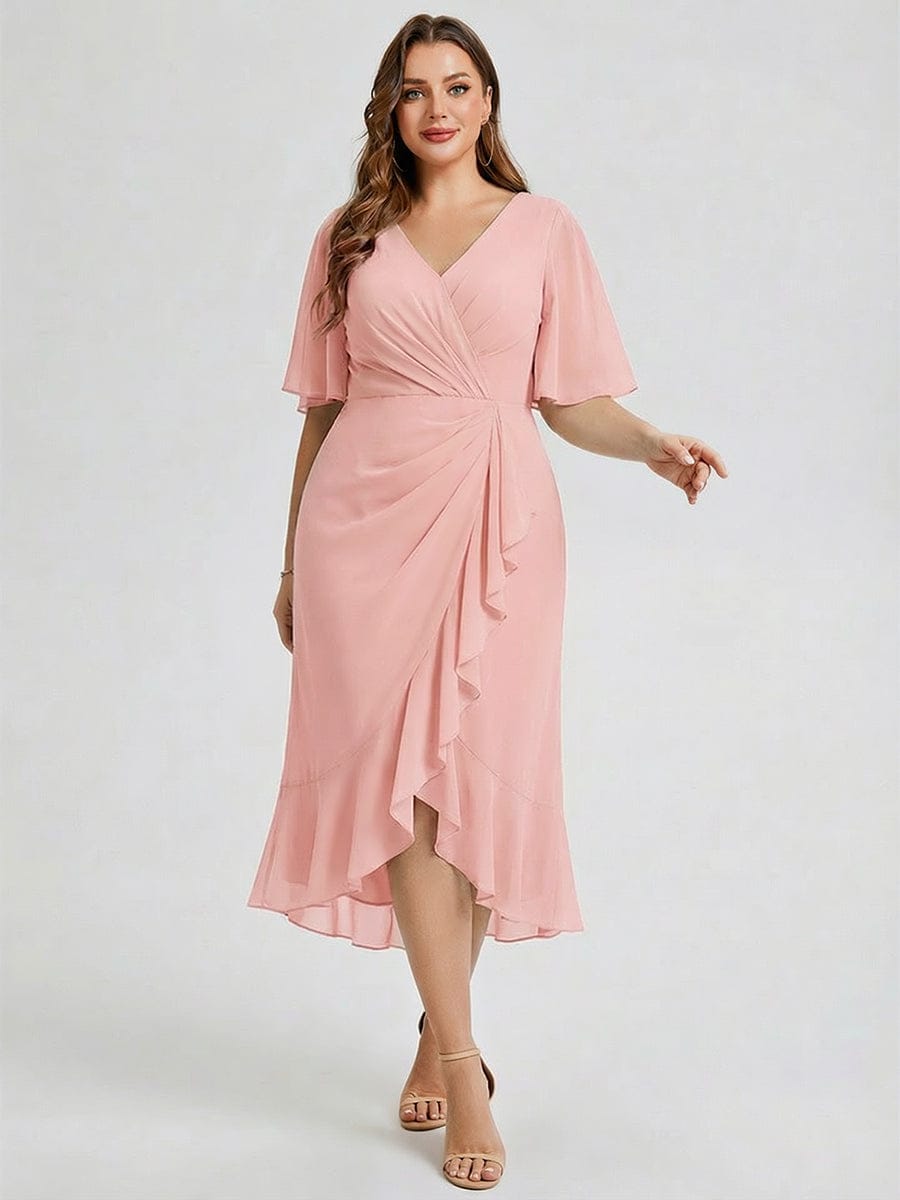 Plus Size Floral Chiffon Wedding Guest Dress #color_Pink