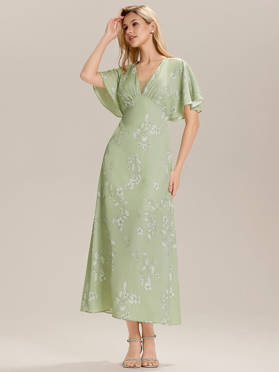 Floral Satin Drop Shoulder Sleeve Wedding Guest Dress #color_Vintage Primrose Celadon
