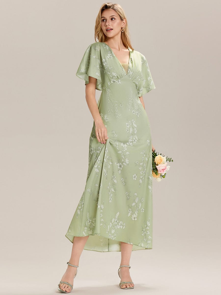 Floral Satin Drop Shoulder Sleeve Wedding Guest Dress #color_Vintage Primrose Celadon