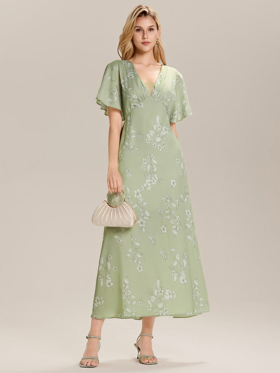 Floral Satin Drop Shoulder Sleeve Wedding Guest Dress #color_Vintage Primrose Celadon