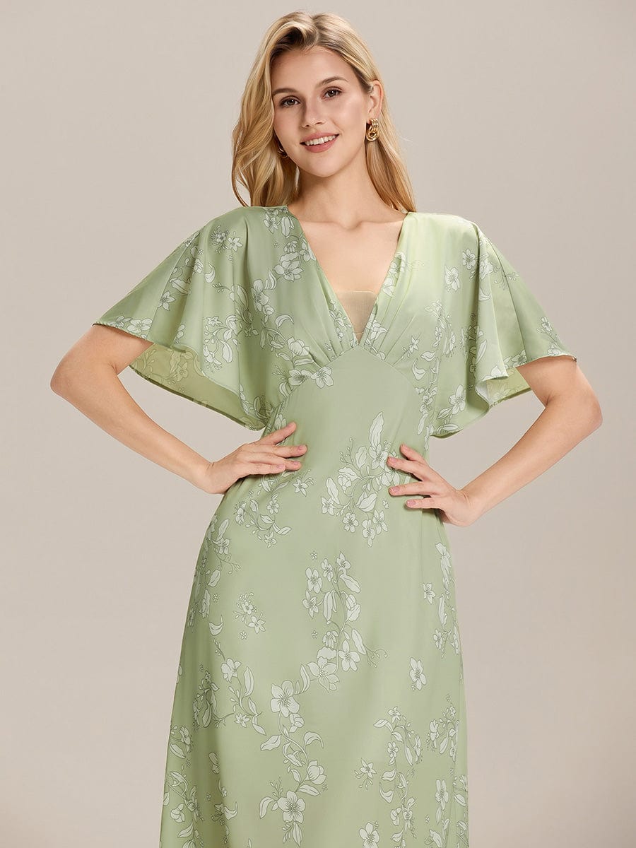 Floral Satin Drop Shoulder Sleeve Wedding Guest Dress #color_Vintage Primrose Celadon