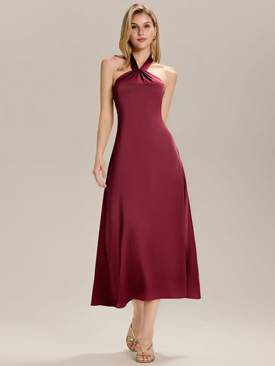 Backless Satin Sleeveless Wedding Guest Dress #color_Burgundy