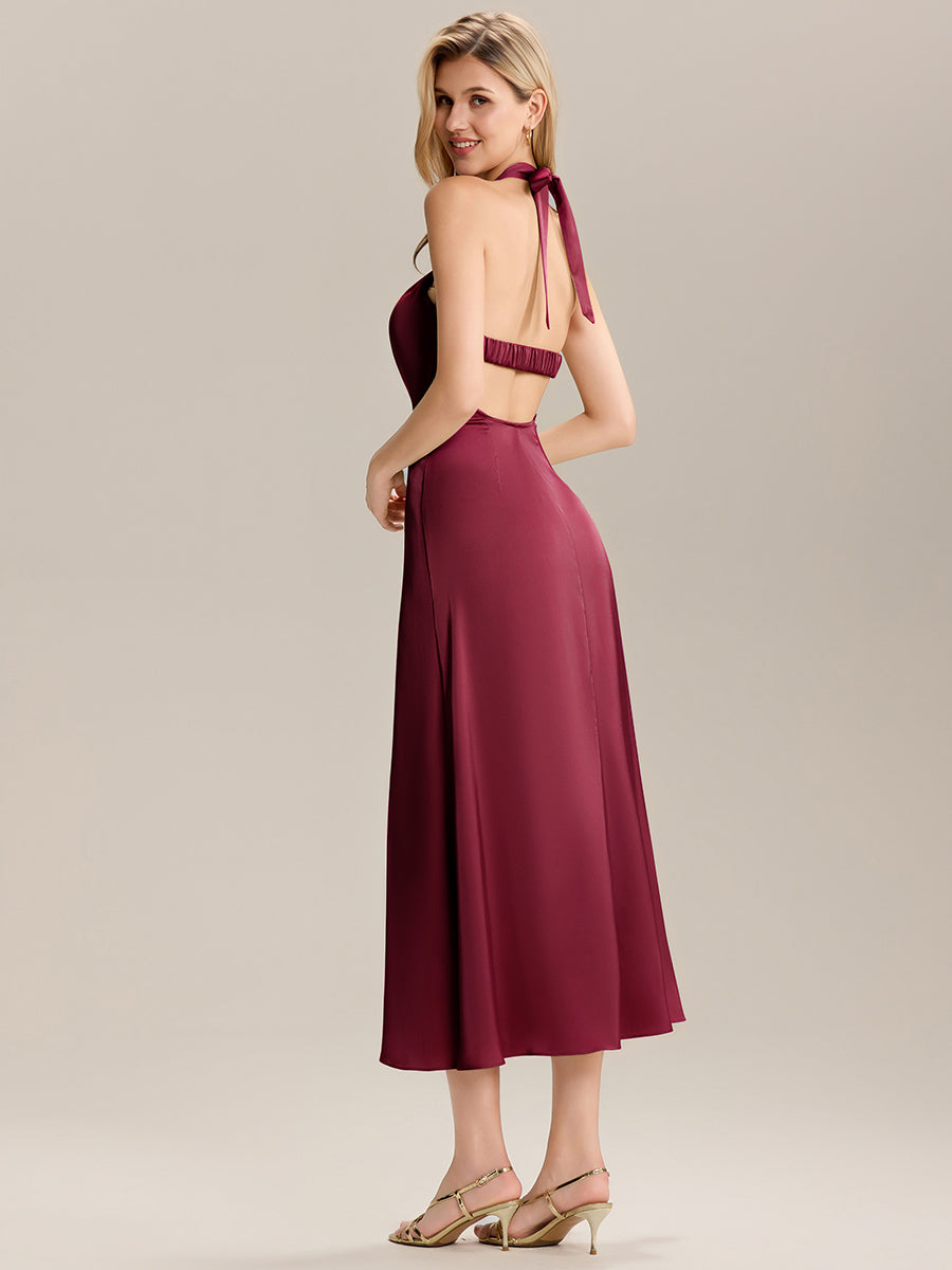 Backless Satin Sleeveless Wedding Guest Dress #color_Burgundy