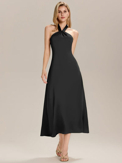 Backless Satin Sleeveless Wedding Guest Dress #color_Black