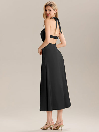 Backless Satin Sleeveless Wedding Guest Dress #color_Black
