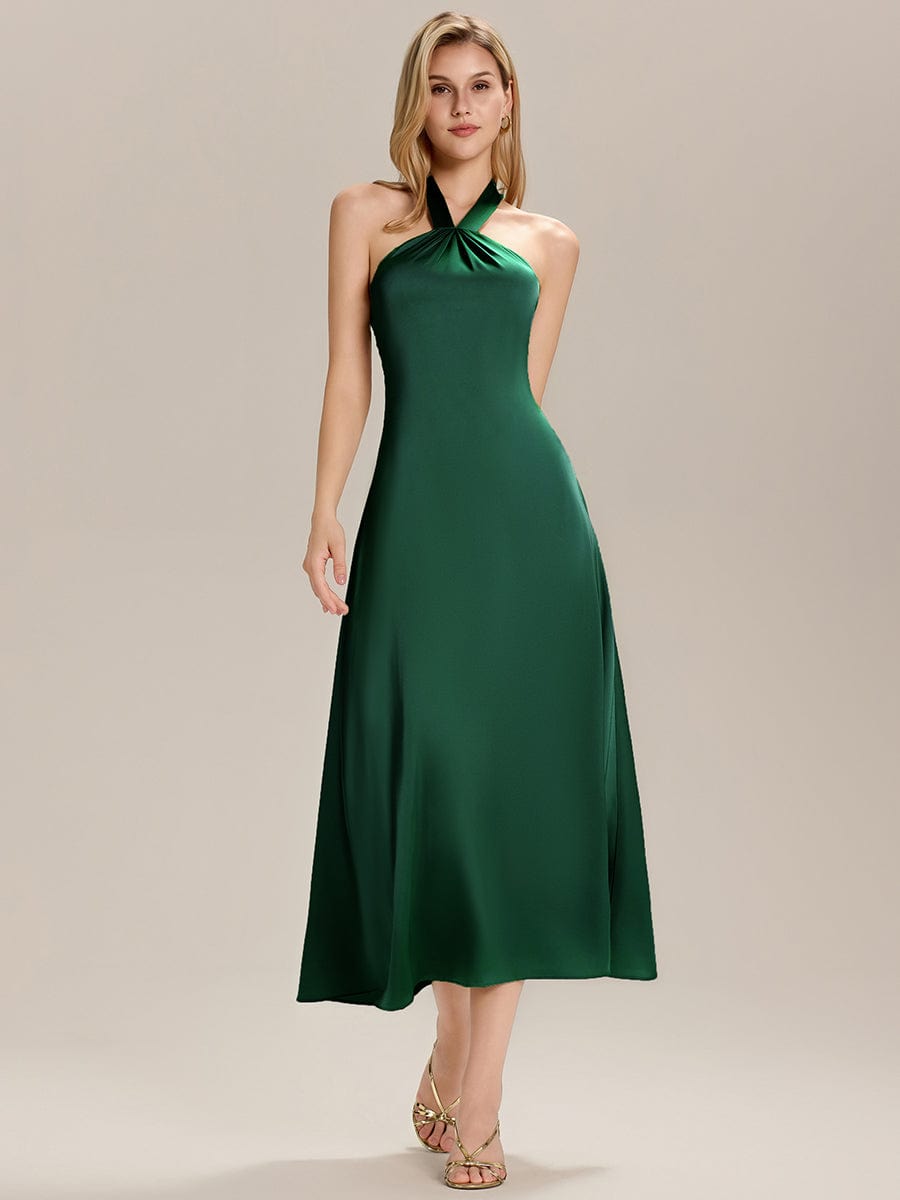 Backless Satin Sleeveless Wedding Guest Dress #color_Dark Green