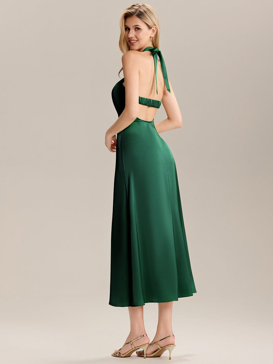 Backless Satin Sleeveless Wedding Guest Dress #color_Dark Green