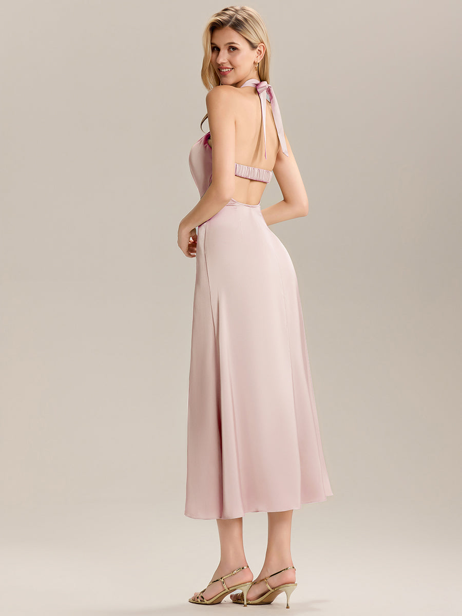 Backless Satin Sleeveless Wedding Guest Dress #color_Pink