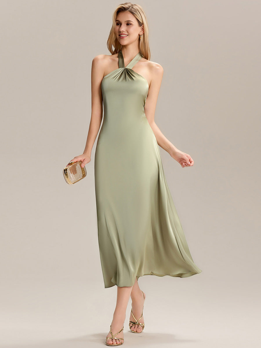 Backless Satin Sleeveless Wedding Guest Dress #color_Sage Green