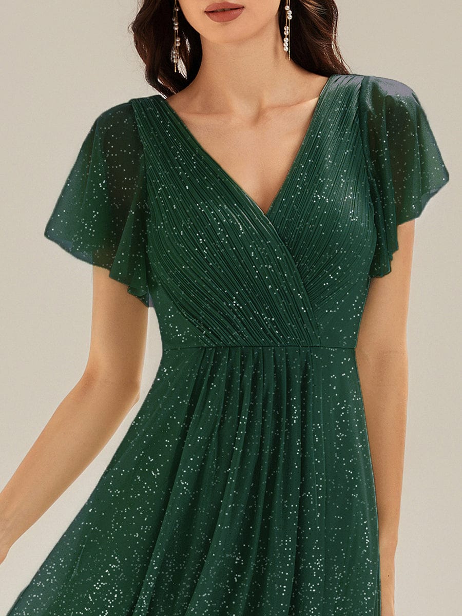 Pleated Diamond Linen Ruffle Sleeve Wedding Guest Dress #color_Dark Green
