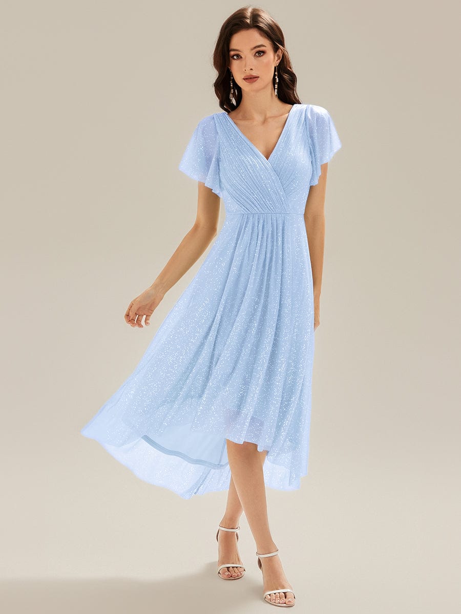 Pleated Diamond Linen Ruffle Sleeve Wedding Guest Dress #color_Ice Blue