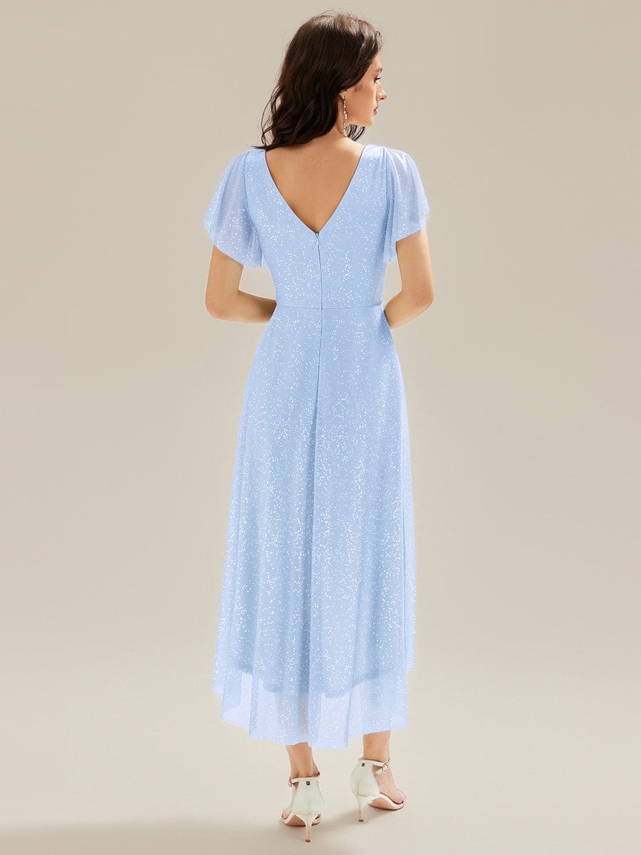 Pleated Diamond Linen Ruffle Sleeve Wedding Guest Dress #color_Ice Blue