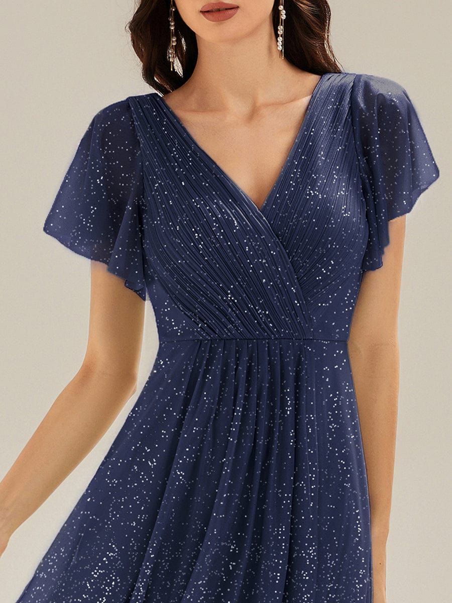 Pleated Diamond Linen Ruffle Sleeve Wedding Guest Dress #color_Navy Blue