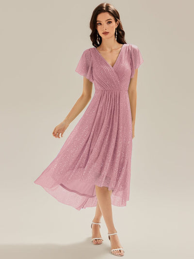Pleated Diamond Linen Ruffle Sleeve Wedding Guest Dress #color_Purple Orchid