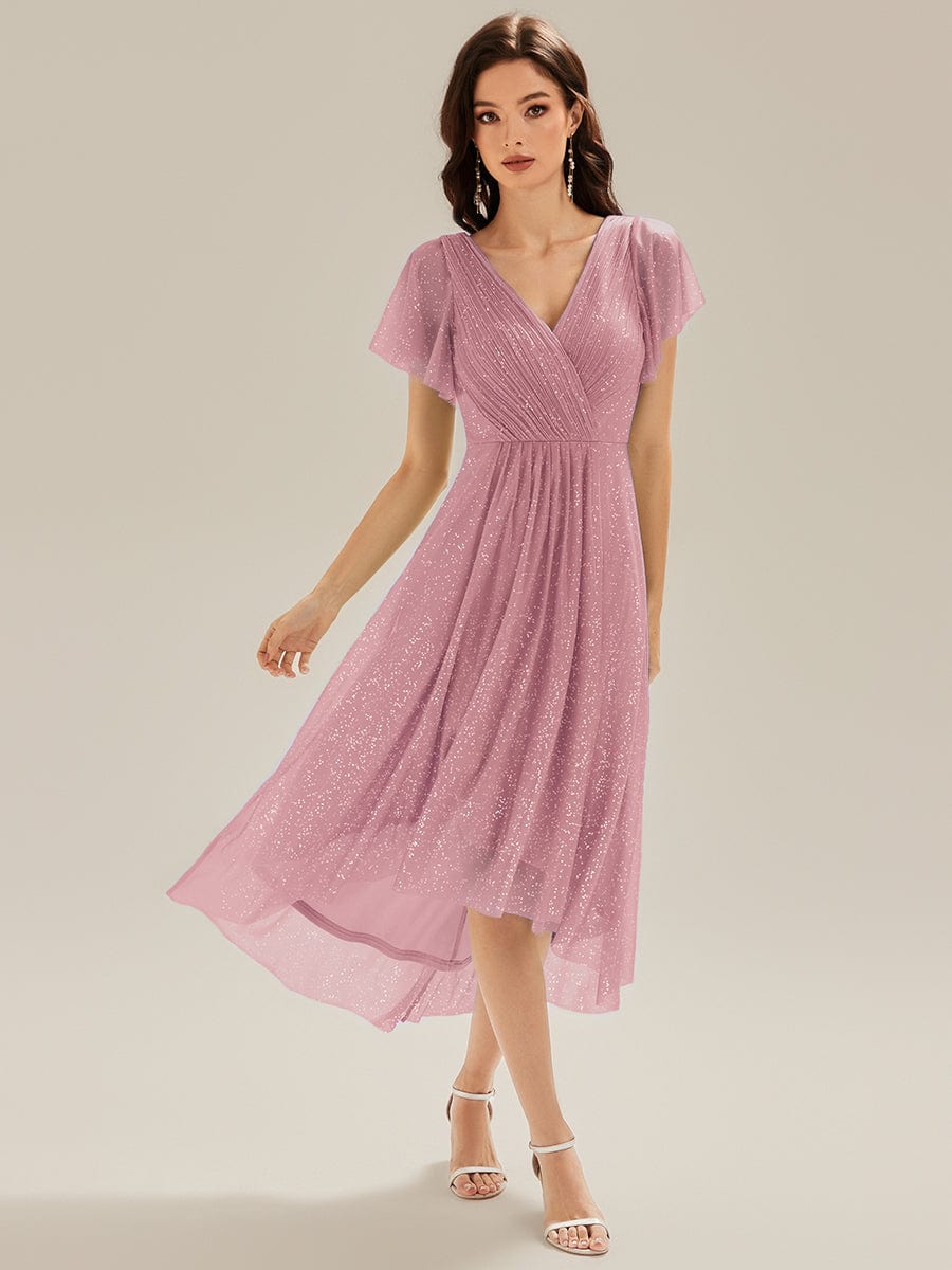 Pleated Diamond Linen Ruffle Sleeve Wedding Guest Dress #color_Purple Orchid