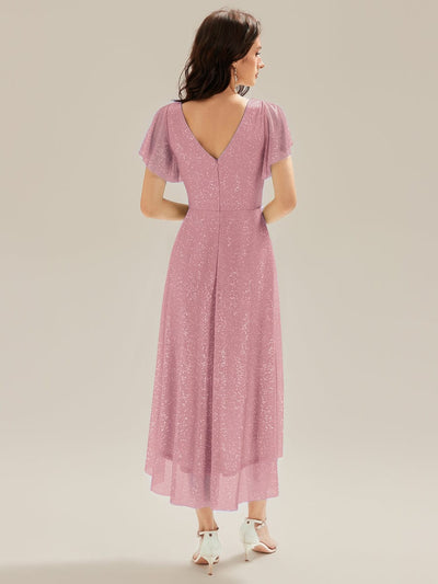 Pleated Diamond Linen Ruffle Sleeve Wedding Guest Dress #color_Purple Orchid