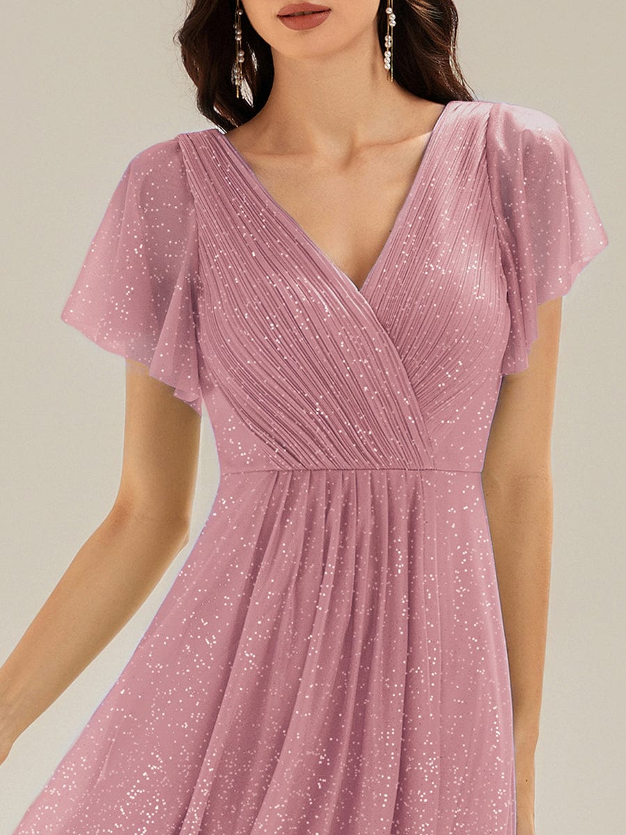 Pleated Diamond Linen Ruffle Sleeve Wedding Guest Dress #color_Purple Orchid