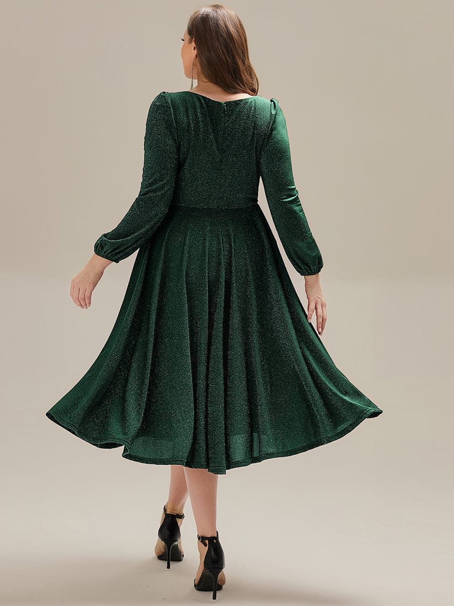 Knit Lantern Sleeve A-Line Wedding Guest Dress #color_Dark Green