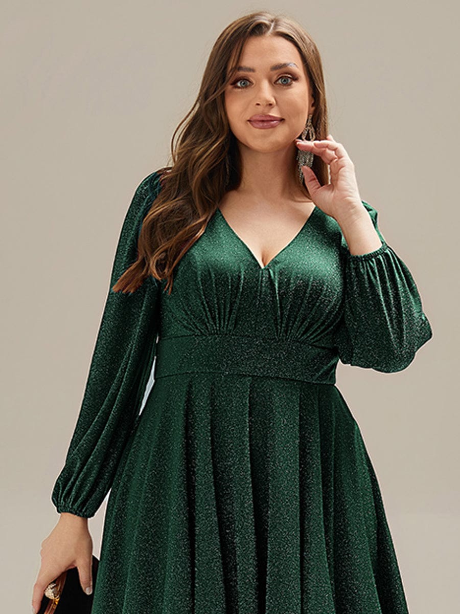 Knit Lantern Sleeve A-Line Wedding Guest Dress #color_Dark Green