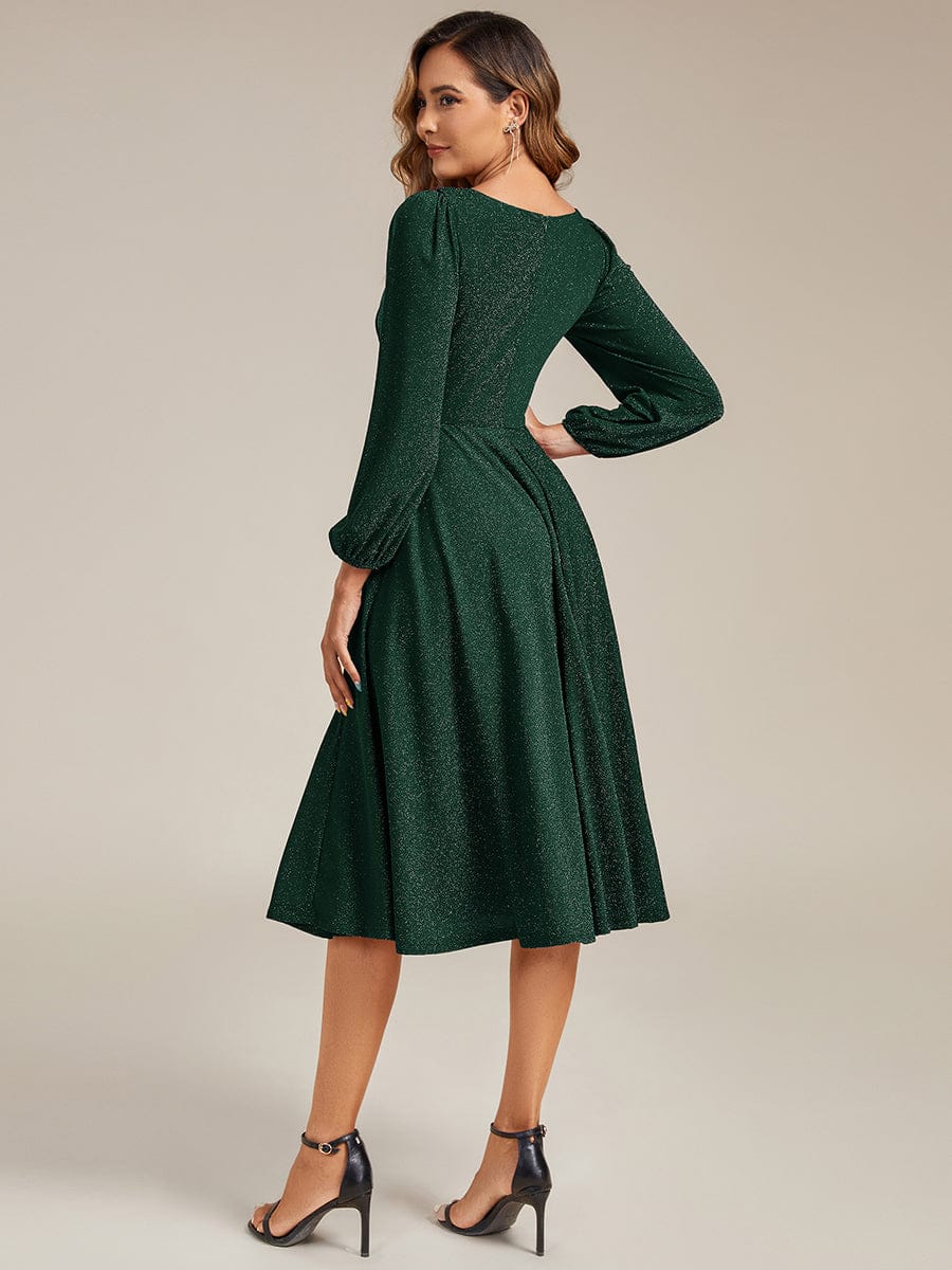 Knit Lantern Sleeve A-Line Wedding Guest Dress #color_Dark Green