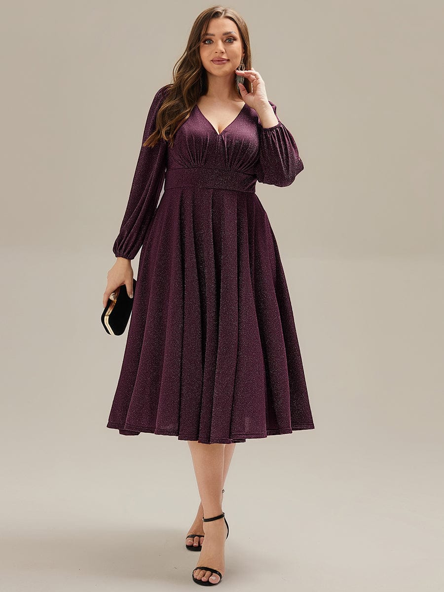 Knit Lantern Sleeve A-Line Wedding Guest Dress #color_Dark Purple