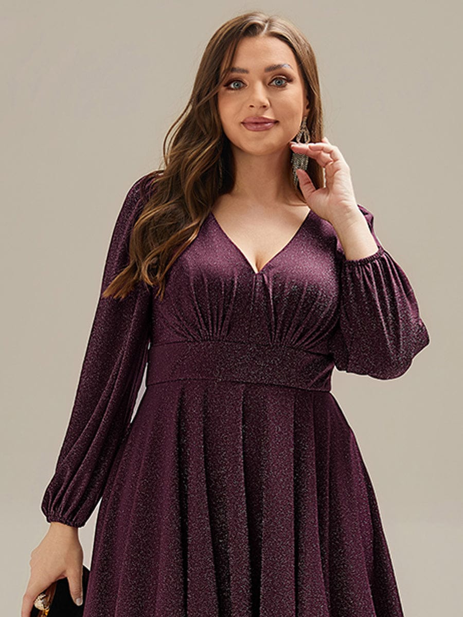 Knit Lantern Sleeve A-Line Wedding Guest Dress #color_Dark Purple