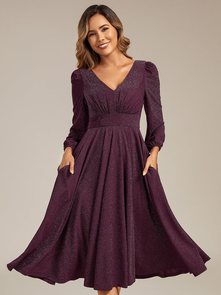 Knit Lantern Sleeve A-Line Wedding Guest Dress #color_Dark Purple