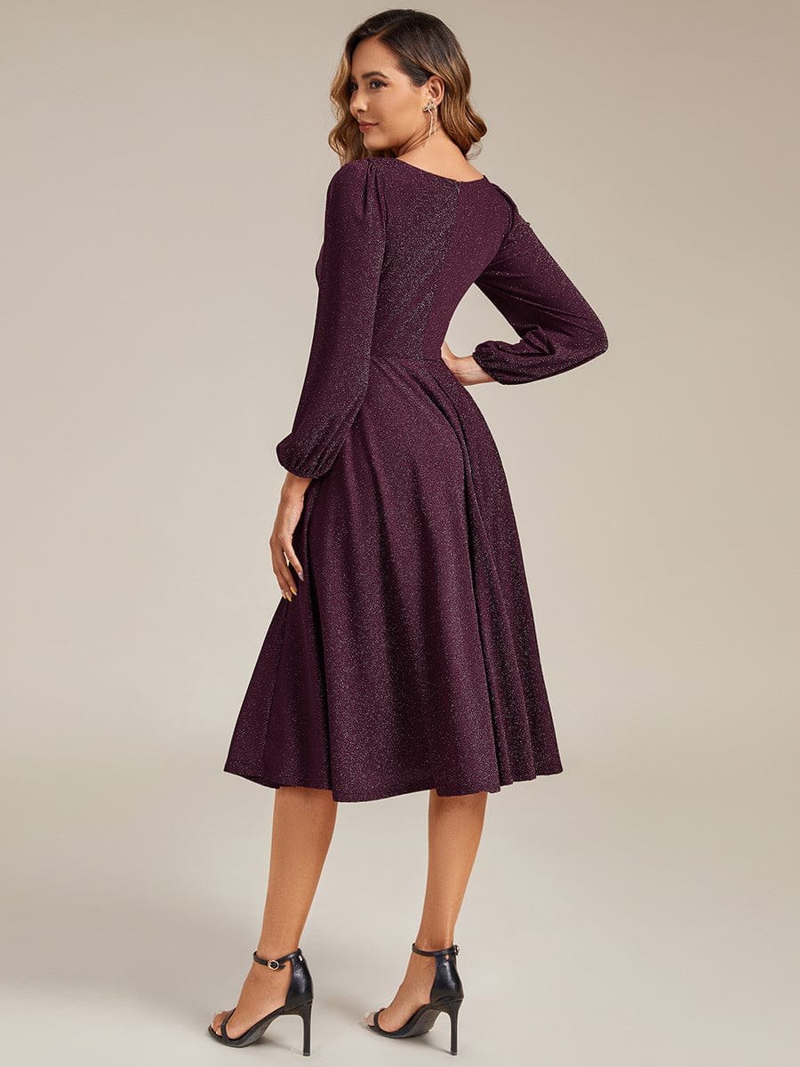 Knit Lantern Sleeve A-Line Wedding Guest Dress #color_Dark Purple