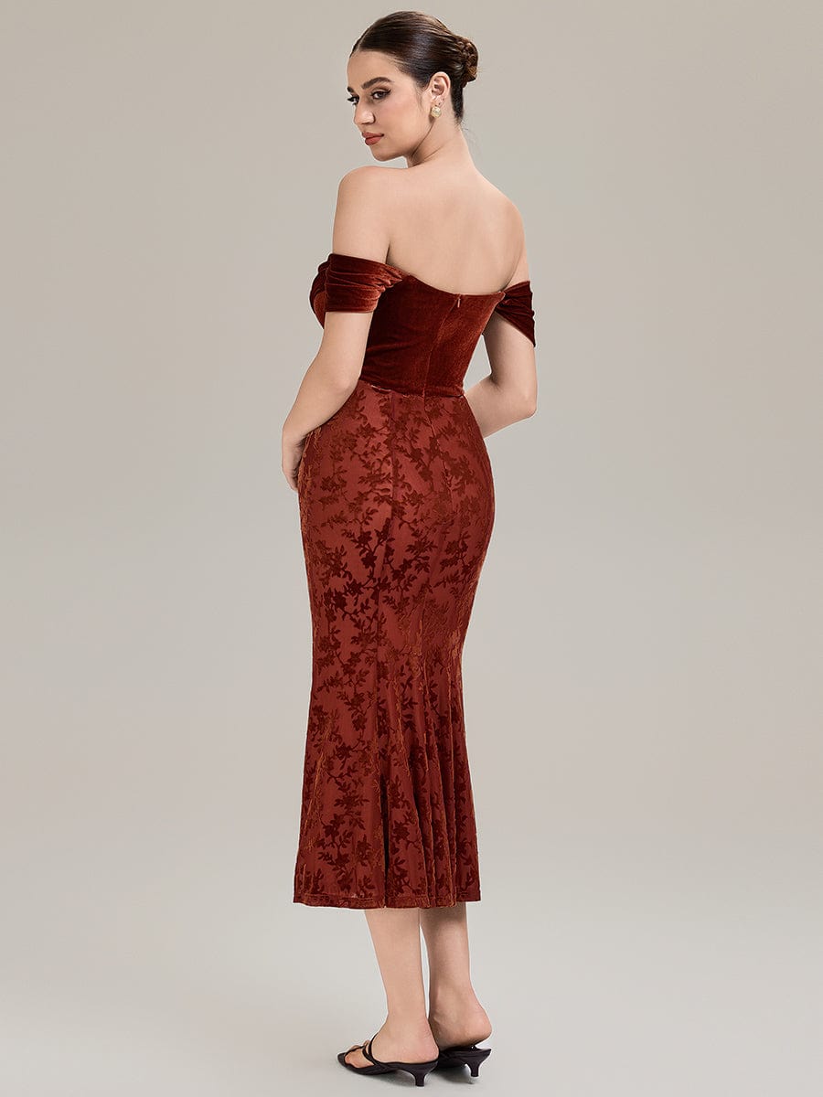 Cowl Neck Velvet Drop Shoulder Sleeve Wedding Guest Dress #color_Brick Red