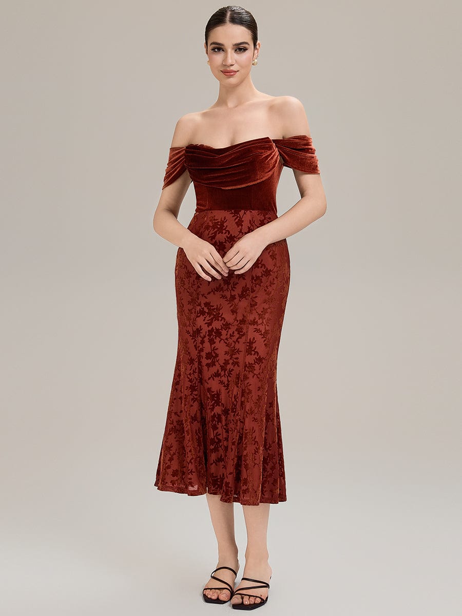 Cowl Neck Velvet Drop Shoulder Sleeve Wedding Guest Dress #color_Brick Red