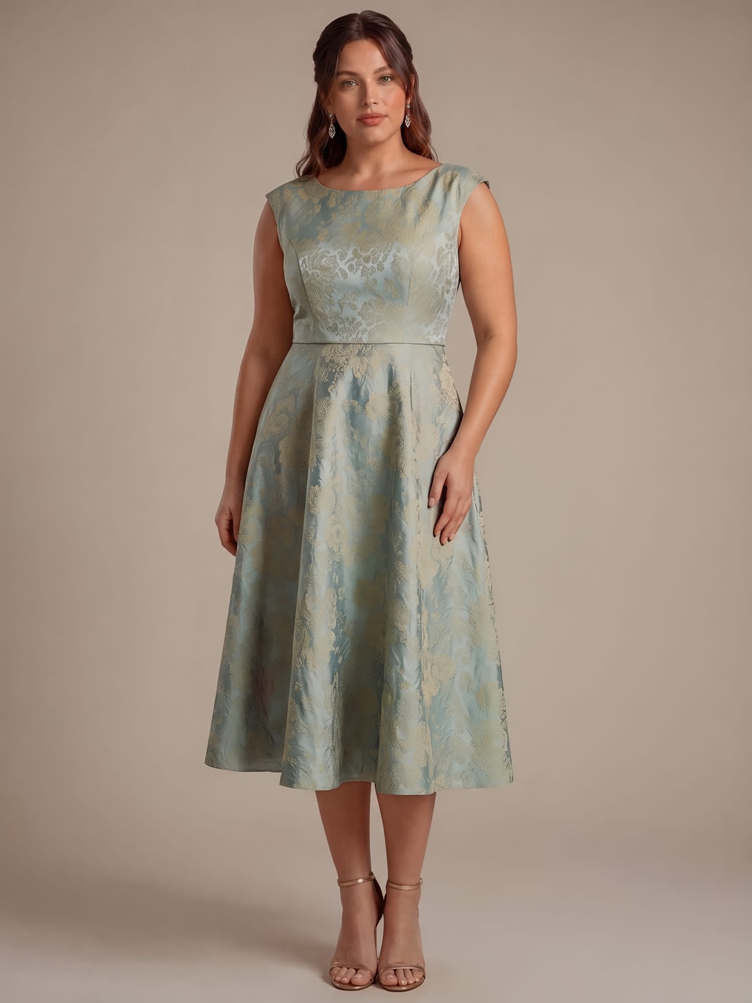 Printed Jacquard Cap Sleeve Dress #color_Sky Blue/Gold