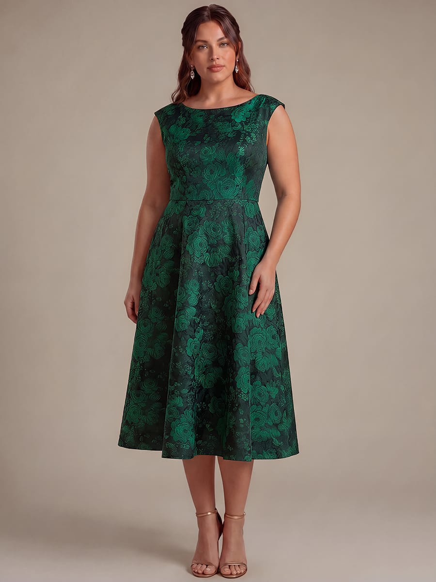 Printed Jacquard Cap Sleeve Dress #color_Dark Green/Black